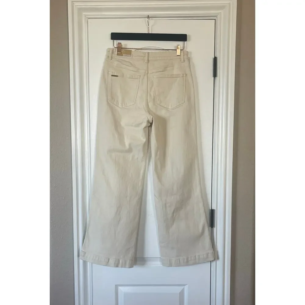 MICHAEL KORS SELMA FLARE COTTON HIGH RISE DENIM JEANS CREAM 10